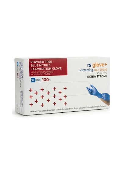 Rs Gloves Mavi Nitril Pudrasız Eksta Güçlü Muayene Eldiveni Xl Beden 100 Lü Non Steril