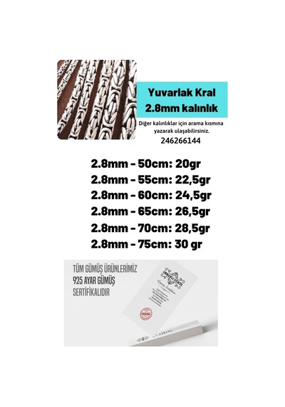 2.8mm Yuvarlak Kral Model 925 Ayar Erkek Gümüş Kolye Zincir 246266144