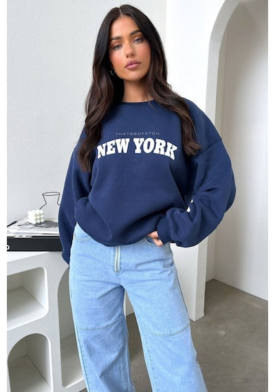 New York Thatsofetch Sweatshirt - Lacivert Baskılı Oversize Bisiklet Yaka Lacivert