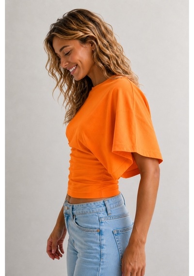 Overmax Bele Oturan Oversize Kollu Premium Crop Bluz Turuncu - 880759104 Turuncu