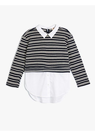 Koton Gömlek Detaylı Sweatshirt Çift Kumaş Detaylı Lacivert Çizgili 5wkg10350ak 7s2