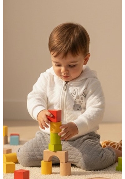 Breeze Erkek Bebek Eşofman Takımı Sevimli Zürafa Baskılı Kapitone Desenli 6 Ay-1.5 Yaş, Ekru Ekru