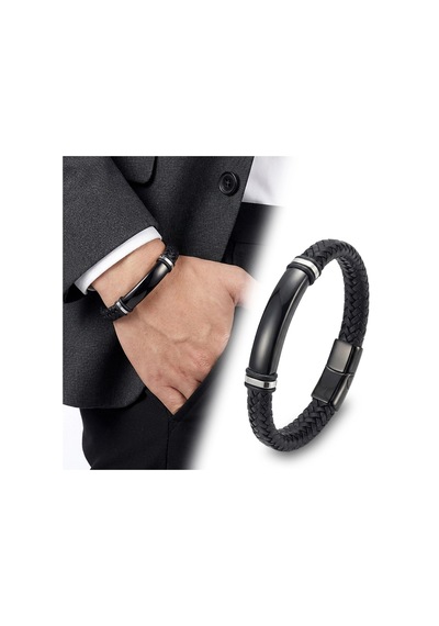 Moncuk Design İsim Yazılabilir Siyah Deri Ve Siyah Titanyum Kilit Bileklik 33513b15d4