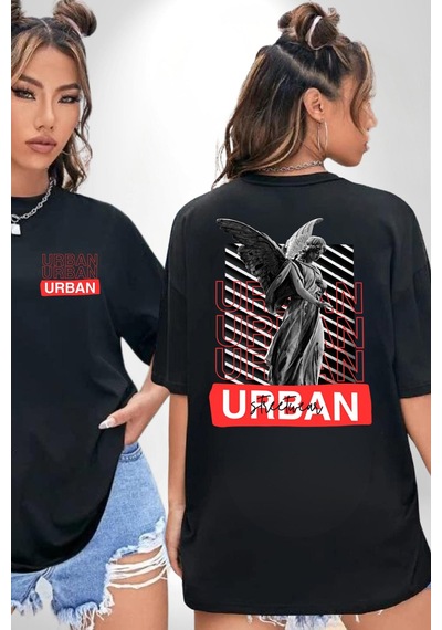 Şehir Sokak Stili Melek Heykeli Siyah Oversize Unisex Ön Ve Sırt Baskılı Tişört Siyah