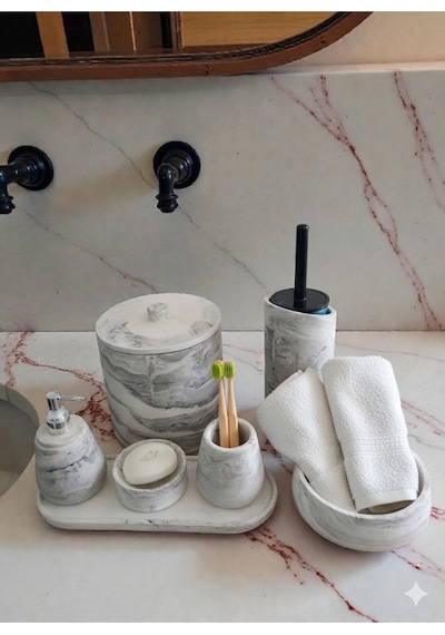 Mermer Desen Tam Beton Banyo Seti Tuvalet Wc Sıvı Sabunluk Diş Fırçalığı Aksesuar Takım Gri