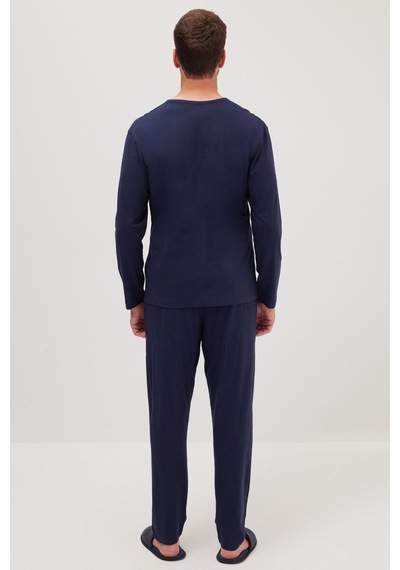 Tudors Erkek Standart Fit %100 Pamuk Bisiklet Yaka Beli Lastikli Lacivert Pijama Takımı-37948 Lacivert