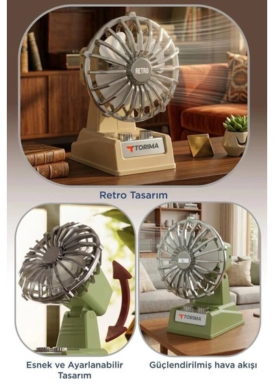 Özel Seri Torima Şarjlı Masaüstü Vantilatör Retro F51 Yeşil Küçük Ofis Fan