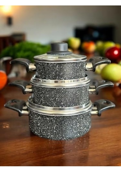 Granit Tencere Seti Cam Kapaklı, Siyah Mermer Desenli 3 Parça Saklama Kabı Ve Pişirme Tenceresi Diğer