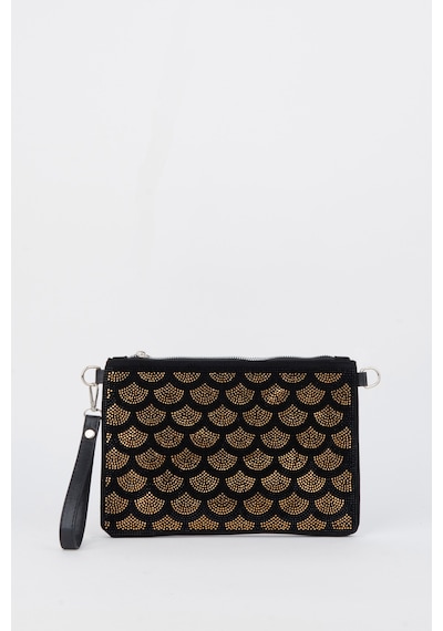 Vivaq Kadın Yelpazer Altın Taşlı Süet Bilek Askılı Ve Zincir Askılı Portföy El Ve Clutch Çanta SİYAH