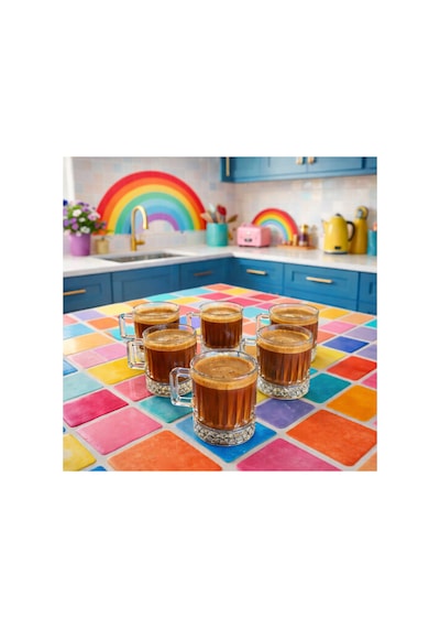 6 Lı Cam Kahve Fincanı,espresso Fincanı Seti 140 Ml Kulplu Cam Kupa Bardak Şeffaf Desenli Glass Mug Şeffaf
