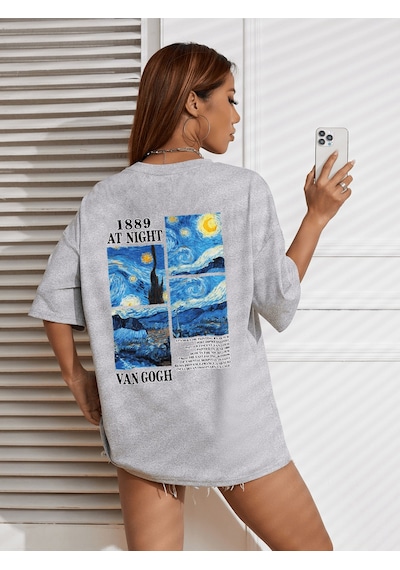 Uyguntarz Unisex Van Gogh Baskılı Oversize Tshirt Gri