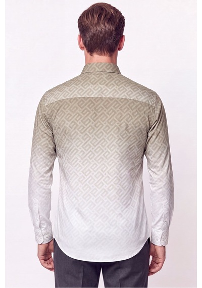 Slim Fit Düğme Yaka Desenli Haki Gömlek G 1611