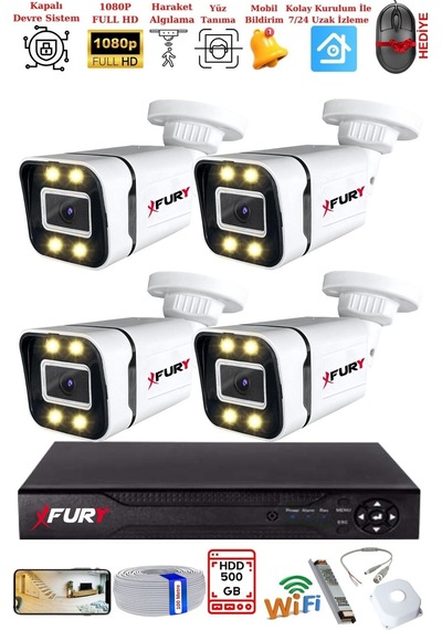 Fury 4 Kameralı 1080p Görüntü Gece Renkli Full Hd 4 X Ultra Led Gece Renkli Güvenlik Kamerası Seti 500gb