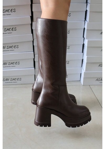 Asmi Shoes Kadın Fenni Deri Kahverengi 8 Cm Topuklu Yandan Fermuarlı Çizme