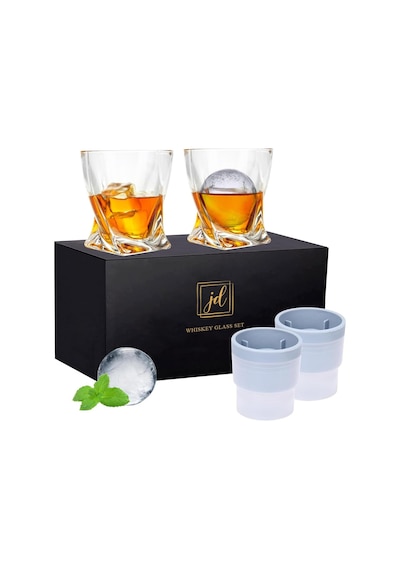 Viski Kayaları Bardak Seti Hediye Kutusunda - 2 Kristal Bourbon Bardağı Ve 2 Büyük Buz Topu Kalıbı İçerir - 325