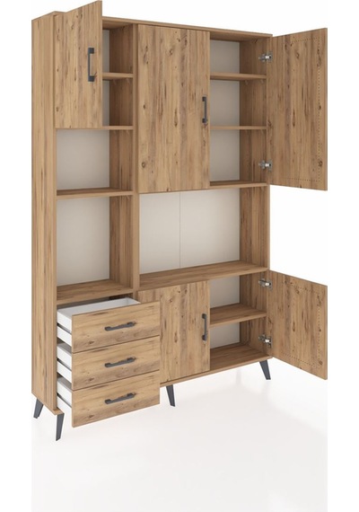 Arges Dolap 9 Raflı 3 Çekmeceli 5 Kapaklı 132x30x195 Çam-çam/çam Çam