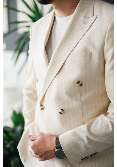 Avni Ceylan Gofre Kumaş İtalyan Stil Slim Fit Kruvaze Erkek Ceket Special Edition Krem