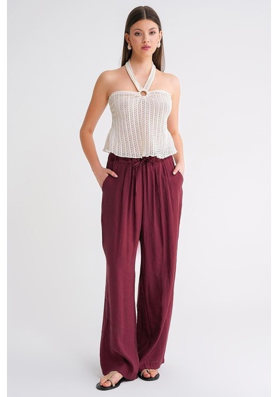 Mixray 4627 Kadın Bol Paça Beli Pileli Palazzo Geniş Kalıp Pantolon Bordo