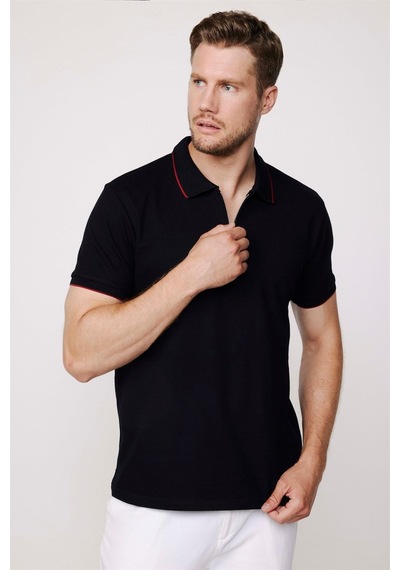 Tudors Erkek Slim Fit Dar Kesim %100 Pamuk Düz Pike Fermuarlı Siyah Polo Yaka Tişört-27685 Siyah
