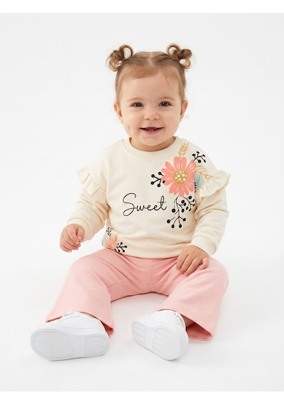 HelloBaby Pamuklu Fırfır Ve Çiçek Detaylı 2li Kız Bebek Takım Pembe