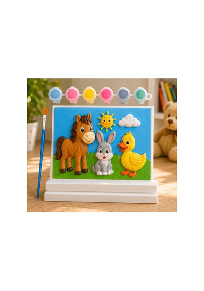 Suya Dayanıklı Mermer Tozu Boyama Seti Standlı Sevimli Hayvanlar Çocuk Boyama Tablosu 18x13 Cm Boya Emmez, Özel Formül