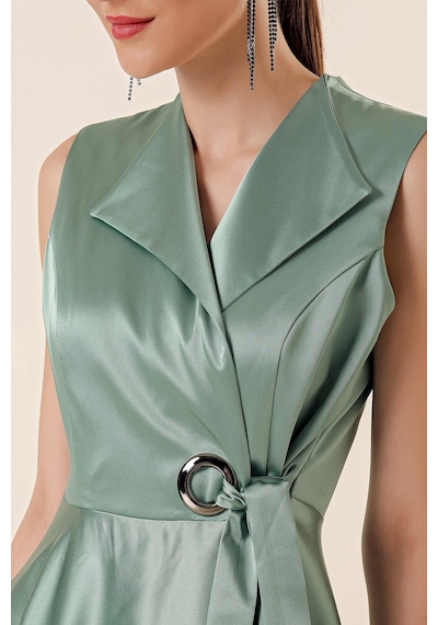 By Saygı Kruvaze Yaka Bağcıklı Saten Elbise Mint 29756 Mint