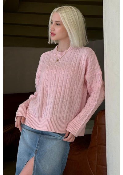Madmext Pembe Bisiklet Yaka Örgü Desenli Kadın Triko Kazak Mg2520 Pembe