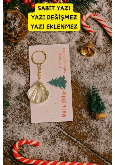 Yılbaşı Özel 10 Adet İstiridye İnci Anahtarlık - Jelatin Dahildir - Yılbaşı Hediyesi - Sabit Yazı
