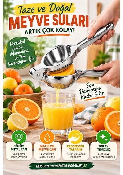Büyük Boy Döküm Metal Narenciye Sıkacağı Portakal Limon Manuel Meyve Suyu Presi 23 Cm Çelik Renk Tip Gümüş