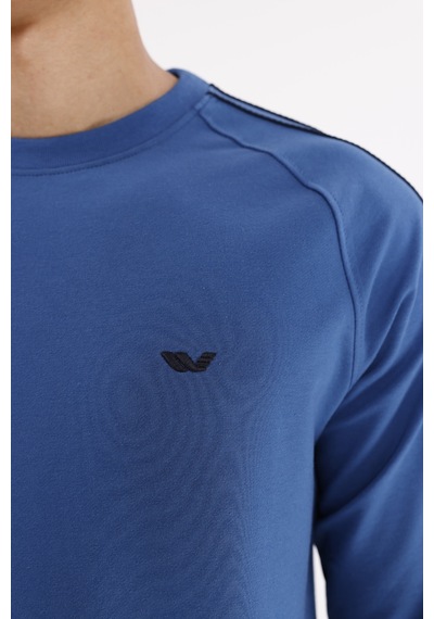 Rowinger Çift Şeritli Raglan Kol Minimal Logolu Bisiklet Yaka Sweatshirt İndigo