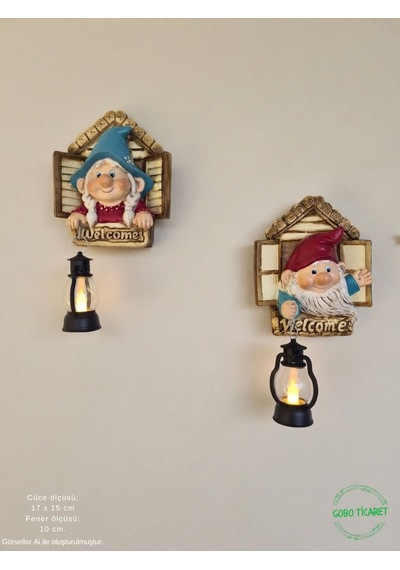 Dekoratif Fenerli Welcome Cüce Çifti 2li Set Dekoratif Kapı Ve Duvar Süsü Renk Seçenekli 17x15 Cm. Kırmızı