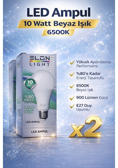 Led Ampul 10 Watt Beyaz Işık 6500k Yüksek Aydınlatma E27 Duy Enerji Tasarruflu 2 Adet