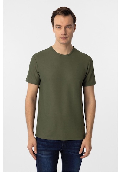 Süvari Koyu Haki Slim Fit Armürlü Bisiklet Yaka Tişört Koyu Haki