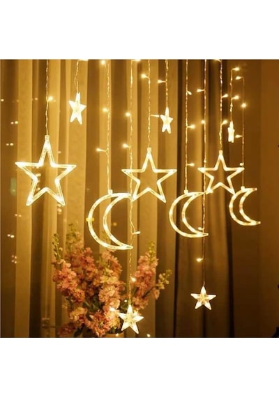 Ay Yıldız Saçak Perde Led 3.5 M Led Yılbası Led Animasyonlu Sarı