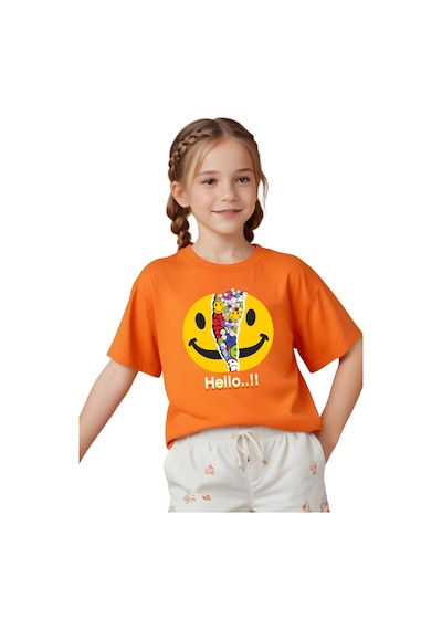 Panios Kids Emoji Baskılı Kız Çocuk Kısa Kollu T-shirt Turuncu