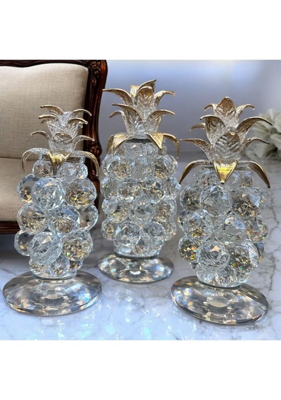 Dekoratif Kristal Cam Üçlü Ananas Set Şeffaf Gold