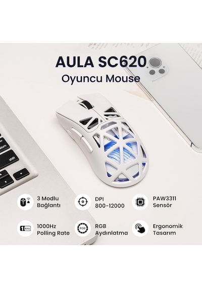 Aula Sc620 Paw3311 Sensör 12000 Dpı 1000hz Kablolu Ve Kablosuz Gaming Oyuncu Mouse Beyaz Sc620
