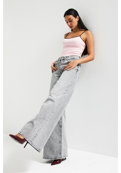 Itsbasic Kadın Gri Renk Hera 4s6-12 Palazzo Fit Bol Kesim %100 Koton Orta Bel Denim Jean