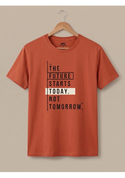 Maccali Erkek Turuncu The Future Starts Today Baskılı Bisiklet Yaka Bol Kesim Tişört