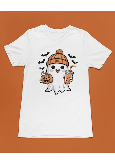 Bumeta Sevimli Hayalet Baskılı Cadılar Bayramı Halloween Unisex Tişört T-shirt Beyaz