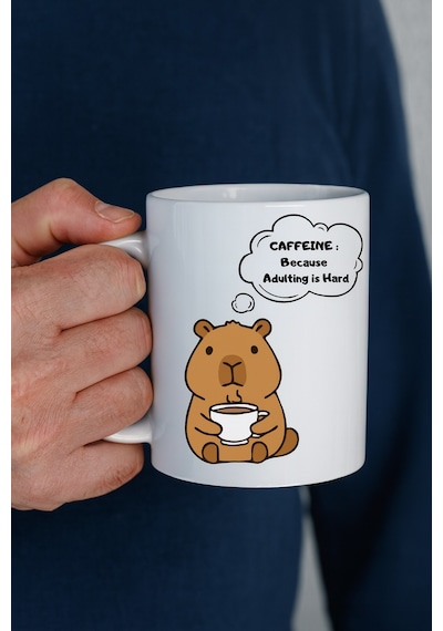 Caffeine Because Adulting İs Hard Yazılı Kupa Model 207 Komik Tasarım Seramik Kahve Kupası Hediye Seçeneği Düz Renkli