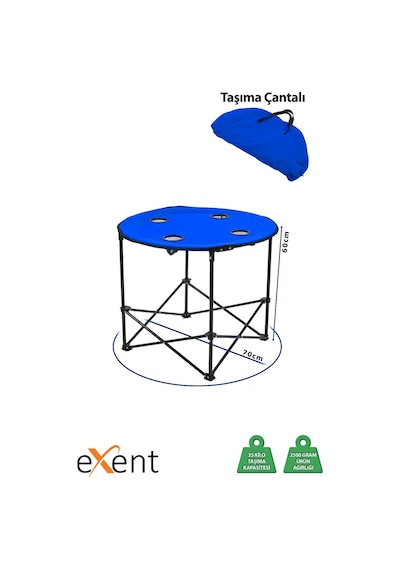 Exent 70 X 70 X 60 Cm Yuvarlak Katlanır Taşıma Çantalı Kamp Masası, Piknik Masası-mavi Çok Renkli