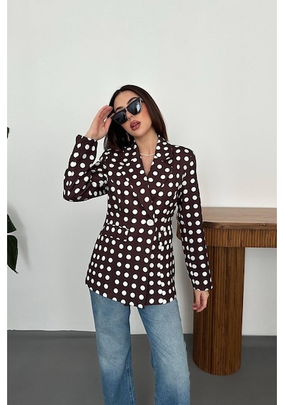 Cemo Kadın Puantiyeli Tek Düğmeli Blazer Ceket Kahve