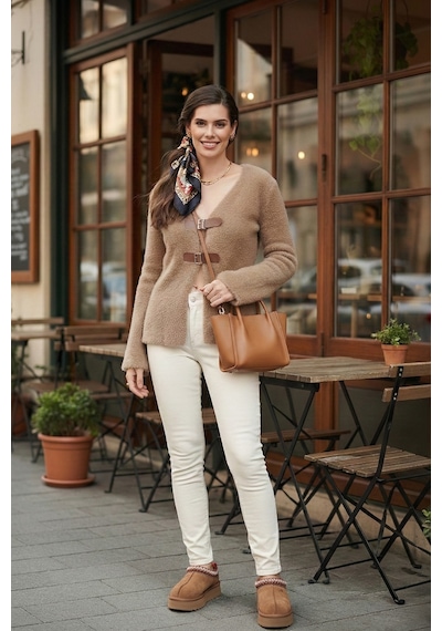 Lela Premium Regular Fit V Yaka Çift Kemerli Peluş Bayan Hırka 680Hi00112 Vizon