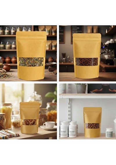 Kraft Pencereli Doypack Kilitli Stand Up Pouch, Gıda Uyumlu, Yeniden Kapanabilir Zipli 100, 13x22,5 Çok Renkli