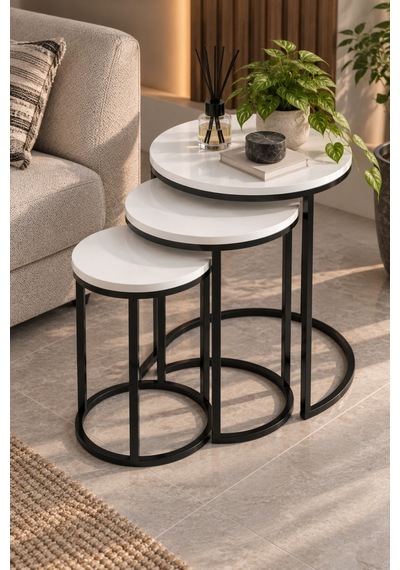 Sulorahome 3'lü Beyaz Zigon Sehpa Seti Siyah Metal Ayaklı