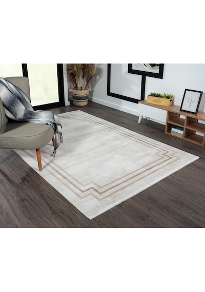 Merit Mr004a Krem Halı Kahverengi Kenar Çerçeveli Ince Yumuşak Akrilik Tozuaz Modern Salon Halısı-133 Krem