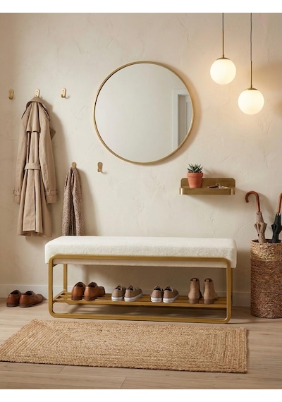 Line Modern Bench Puf Gold Metal 120 Cm - Antre, Giriş Holü, Ofis İçin Şık Dekoratif Bench Krem