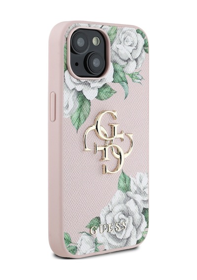 Apple Uyumlu iPhone 15 Kılıf Guess Lisanslı Gül Baskılı Büyük Metal Logo Dizaynlı Kapak Pembe