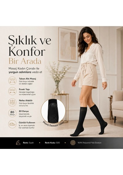 Genel Kadın 3'lü Anne Masaj Tabanlı Dizaltı Çorap 80 Denye Esnek Rahat Günlük Kul Siyah / 36-40 / 3 Adet